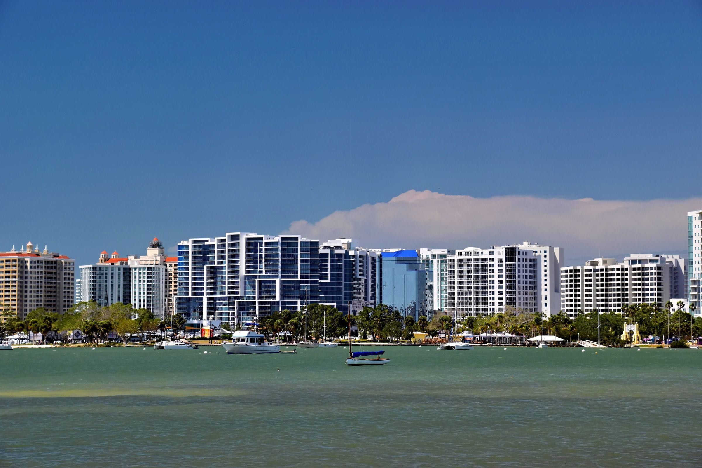 Downtown Sarasota skyline across Sarasota Bay in Sarasota County, Florida